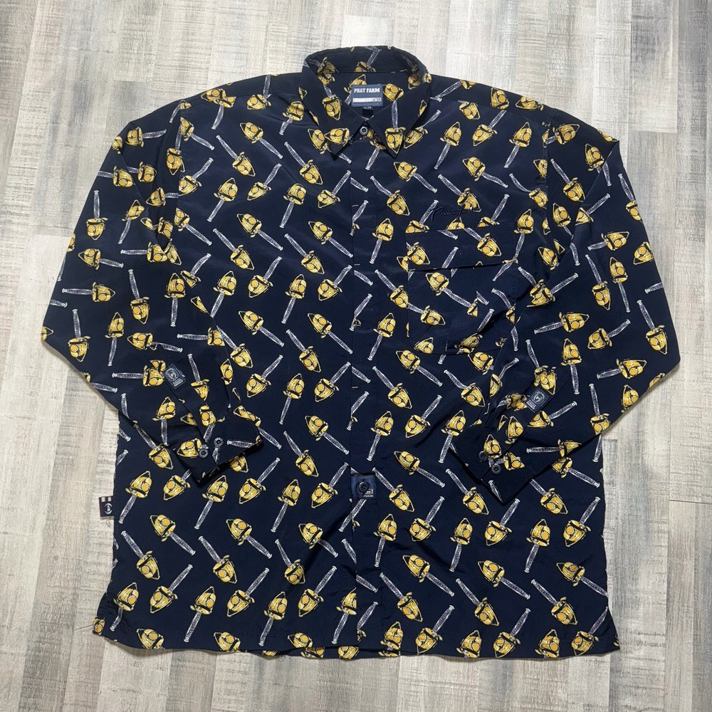 Phat Farm Men's XL Navy Chainsaw Print Button Down Shirt Hip Hop Y2K